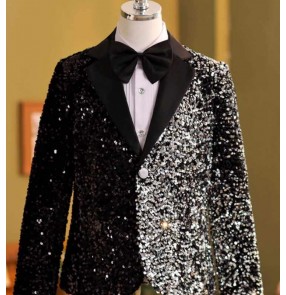 Boys silver black sequins jazz dance blazers modern dance coats for kids singers host choir drummer pianist band performance coats